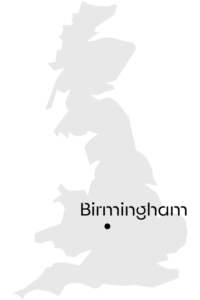 Map highlighting Birmingham’s location within the UK, supporting targeted digital billboard and outdoor advertising campaigns in the Birmingham area.