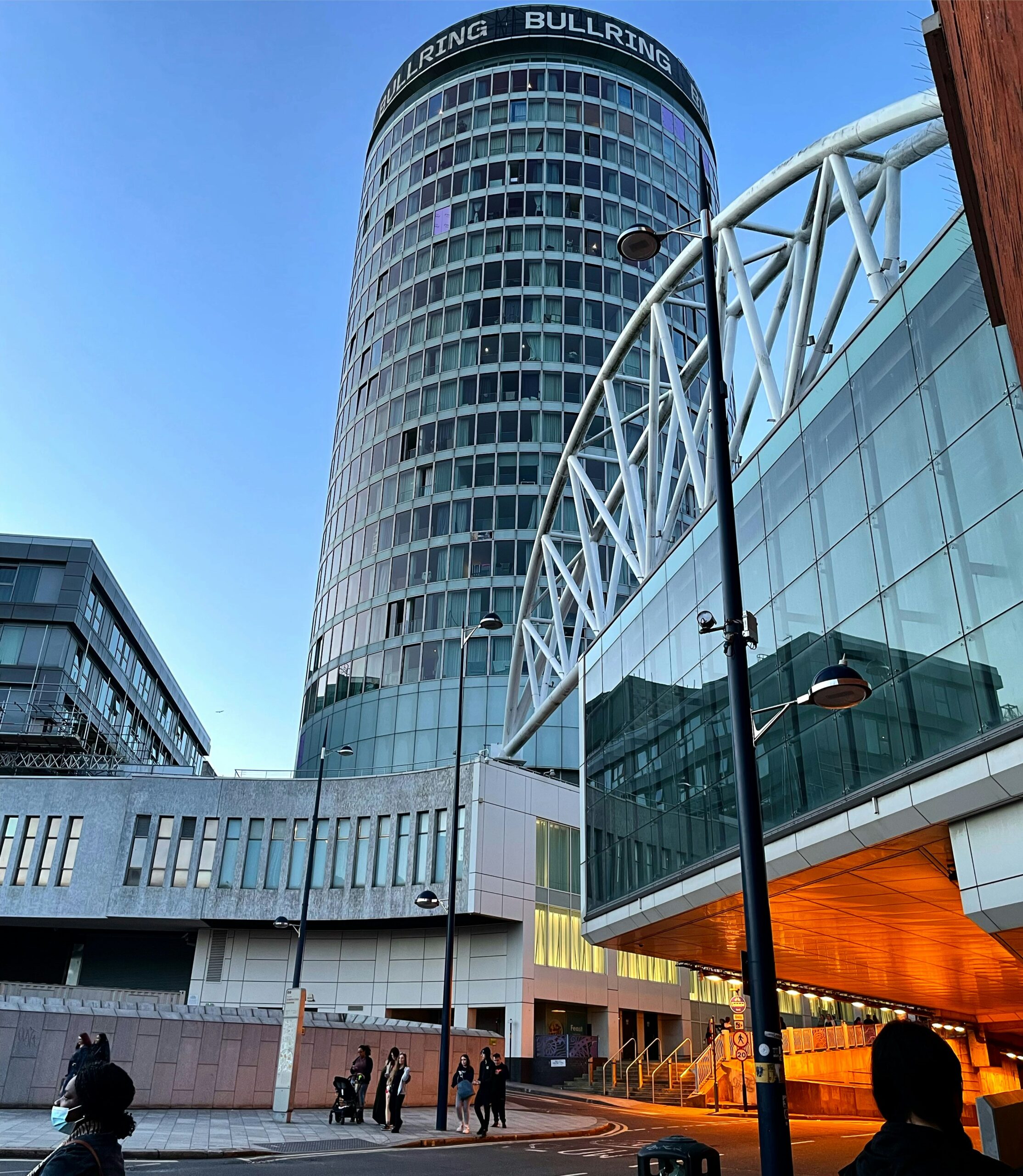 Bullring Birmingham city centre exterior with high pedestrian and commuter footfall, highlighting premium digital billboard advertising opportunities in central Birmingham.