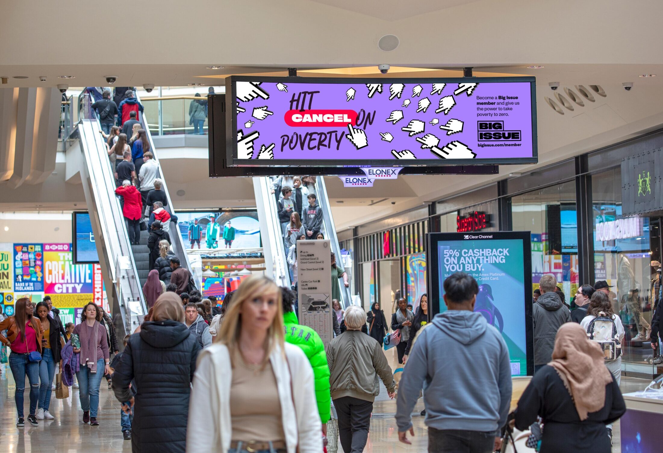 Digital retail advertising screen inside Bullring Birmingham shopping centre, delivering high-impact DOOH campaigns to heavy shopper footfall in a premium mall environment.