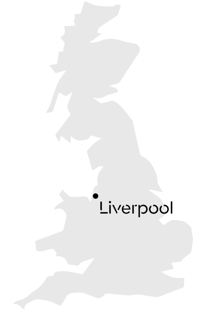 Map highlighting Liverpool’s location within the UK, supporting targeted digital billboard and outdoor advertising campaigns in the Liverpool area.