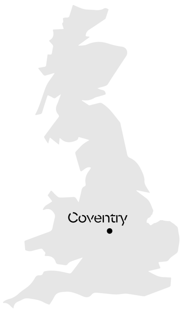 Map highlighting Coventry’s location within the UK, supporting targeted digital billboard and outdoor advertising campaigns in the Coventry area.