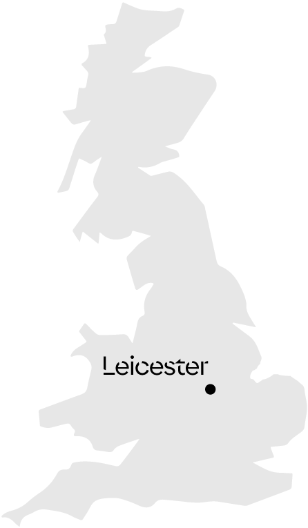 Map highlighting Leicester’s location within the UK, supporting targeted digital billboard and outdoor advertising campaigns in the Leicester area.