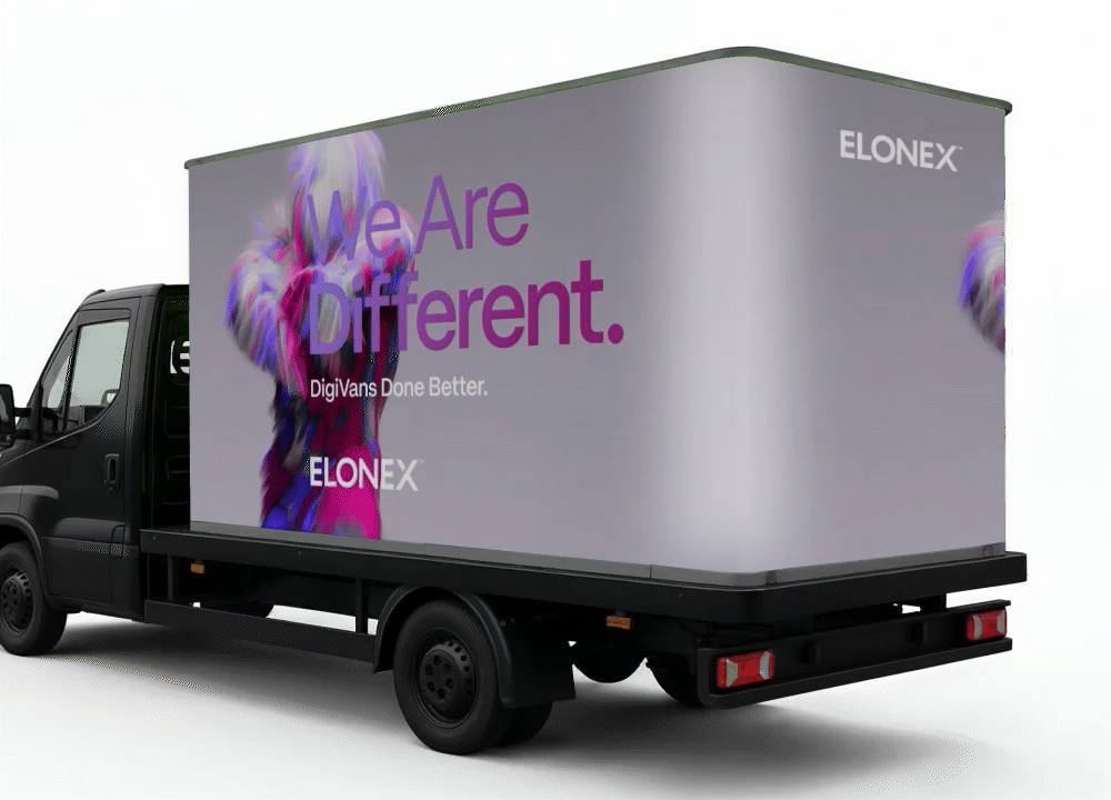 Curved Digital Ad Van playing adverts on a white background